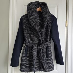🌷RW&CO. Navy Cowl Hooded Jacket With Tweed Tie Belt